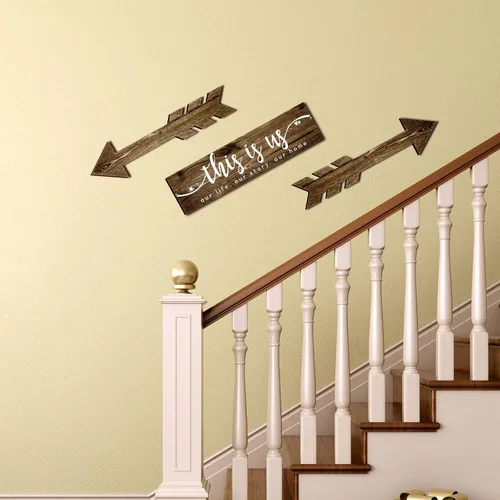 Vista 6 de Jetec 4 piezas de flecha de madera para decoración de pared con texto en inglés "This Is Us Our Life" (This Is Us Our Life) para decoración de pared