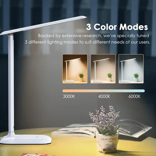 Vista 2 de Lámpara de escritorio LED, luz de escritorio con puerto de carga USB, 3 modos de color, 5 niveles de brillo, lámpara de mesa regulable, lámpara