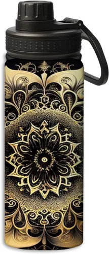 Vista 16 de Hermosa botella de agua de acero inoxidable de 18 onzas con patrón circular de mandala dorada, botella de agua deportiva de doble pared aislada al