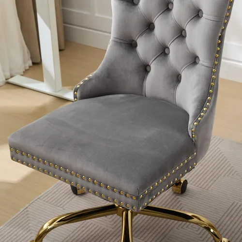 Vista 5 de SSLine Elegante silla de escritorio de terciopelo para niñas y mujeres, silla giratoria copetuda para computadora de oficina con ruedas, moderna