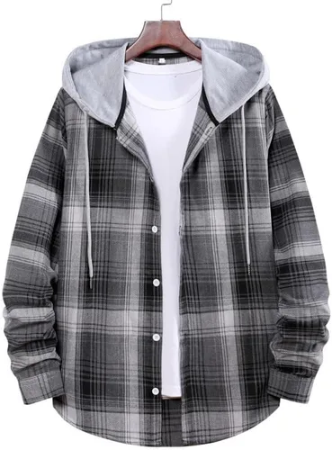 Vista 2 de Camisas a cuadros para hombre, chaqueta de franela de manga larga a cuadros con capucha y botones de franela a cuadros