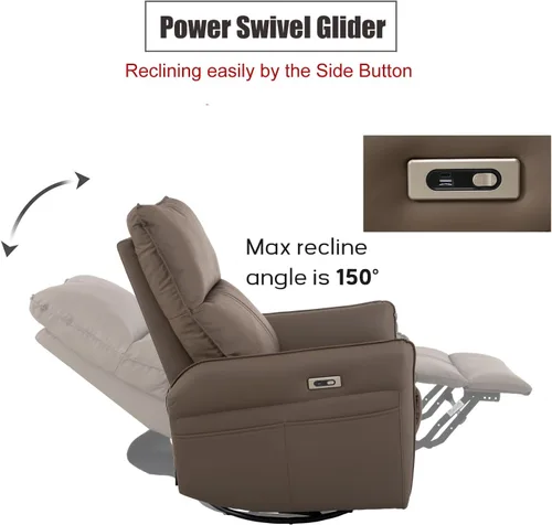 Vista 5 de Silla reclinable giratoria eléctrica de 270°, sofá reclinable eléctrico con puertos USB, mecedora giratoria eléctrica, silla mecedora para cuarto