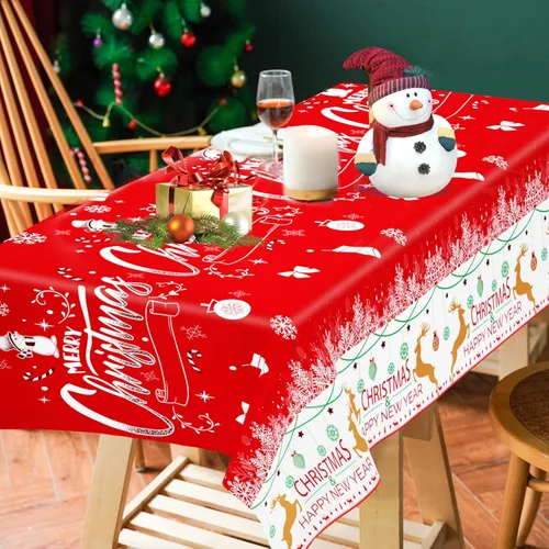 Vista 2 de Paquete de 3 manteles navideños desechables de plástico, manteles de mesa navideños rectangulares rojos para fiestas, con estampado de árbol