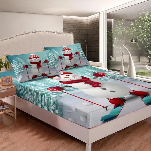 Vista 2 de Erosebridal Juego de ropa de cama de muñeco de nieve, tamaño individual, sábana bajera ajustable de esquí kawaii para árbol de Navidad, para niños