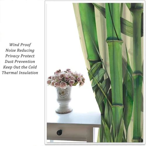 Vista 5 de Cortinas con estampado de bambú verde natural, plantas asiáticas, japonesas, tallos rústicos, hojas, cortina de selva con bolsillo para cortinero