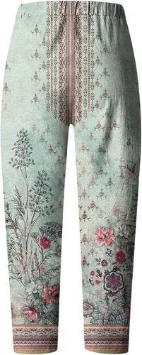 Vista 3 de Pantalones de salón de lino y algodón con bolsillos para Mujer, informales, de pierna ancha, con Cintura alta elástica
