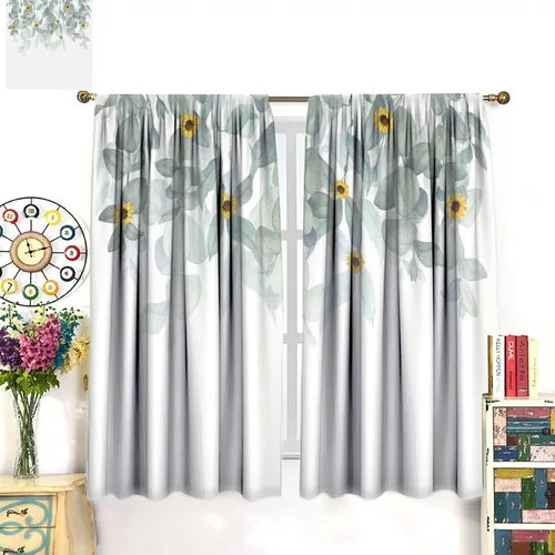 Vista 3 de Cortinas de cocina con hojas de acuarela, diseño de girasol, floral, plantas campestres, primavera, naturaleza, arte, impreso, tela para el hogar