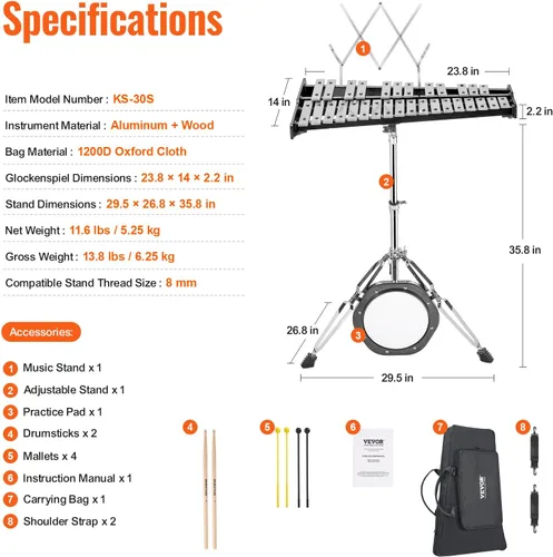 Vista 8 de VEVOR Kit de Xilófono Glockenspiel de 30 Notas, Juego de Instrumentos de Percusión Profesional con Mazos, Baquetas, Atril, Almohadilla de Práctica