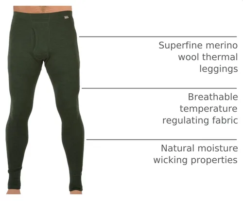 Vista 4 de MERIWOOL - Pantalones térmicos de lana merino 100% para hombre Verde militar