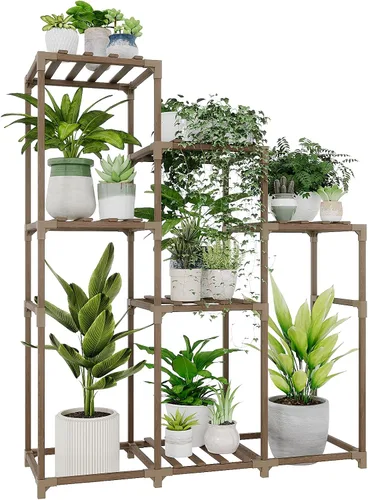 Vista 9 de Bamworld - Soporte esquinero para plantas de interior y exterior, mesa pequeña para varias plantas, estante de madera para jardín, patio, césped