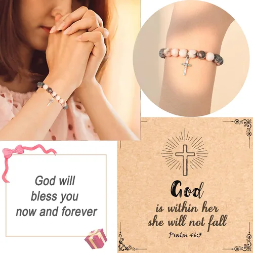 Vista 2 de Dabem Regalos cristianos, pulsera de cruz de piedra natural, regalos religiosos inspiradores de Pascua para mujeres, hombres, adolescentes y niñas