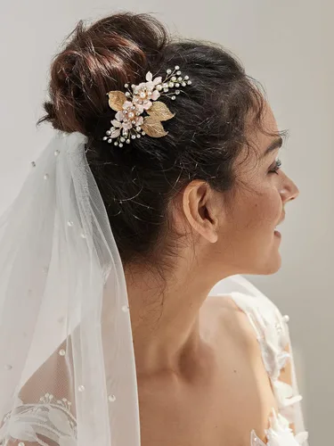 Vista 2 de SWEETV Peine de pelo de boda dorado hecho a mano, clip de pelo nupcial para boda, accesorios para el cabello