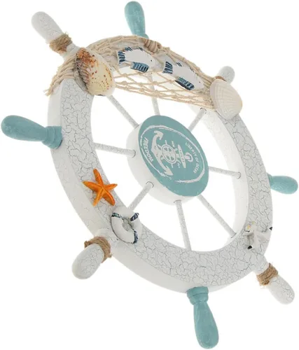 Vista 6 de Rienar Timón de barco náutico de madera para la playa con red de pesca y concha de pescado para decoración de pared en el hogar (27.9 cm de diámetro)