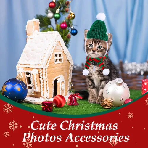 Vista 4 de 12 piezas de disfraces de Navidad de conejillo de indias de Navidad de animales pequeños, disfraz de Navidad, mini sombrero de Papá Noel, bufanda