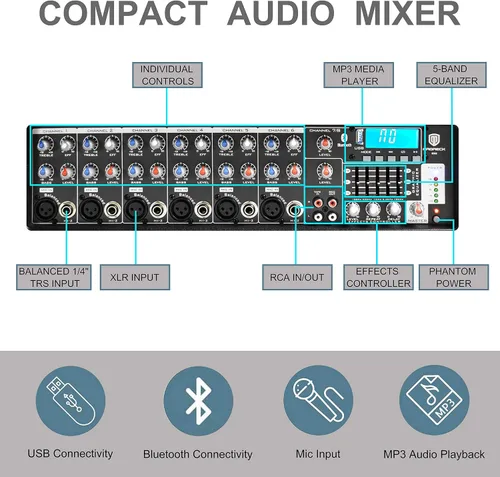 Vista 3 de PRORECK MX15 - Mezclador/amplificador de sistema de sonido PA con Bluetooth de 2500 W, 15 pulgadas, controlador de efectos de micrófono