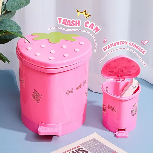 Vista 5 de Tessco for you 2 piezas de basura de escritorio de fresa, lindo bote de basura pequeño para encimera con tapa, cubo de basura pequeño Kawaii de Rosa