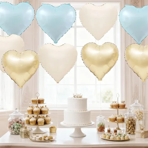 Vista 8 de Globos de corazón azul, dorado y blanco, 18 pulgadas, globos de papel de aluminio azul bebé y crema, 12 piezas, globos de helio en forma de corazón