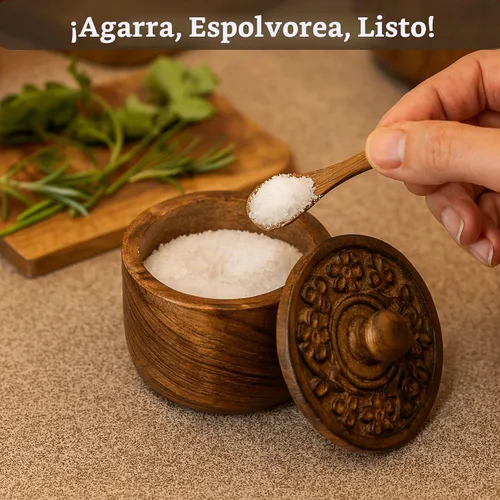 Vista 8 de Mie Creations Salero Rústico con Tapa Tallada a Mano y Cuchara, Cuencos de Madera para Pellizcar Sal Recipiente de Madera para Sal y Pimienta