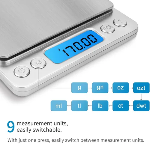 Vista 2 de Báscula digital de cocina 17.64 oz 0.00 oz báscula de alimentos de alta precisión báscula de cocina multifuncional de acero inoxidable con pantalla