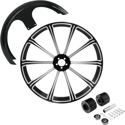 Vista 100 de TCMT Llanta de rueda delantera de 21", buje de rueda de brida de doble disco con guardabarros delantero negro sin pintar, compatible con modelos