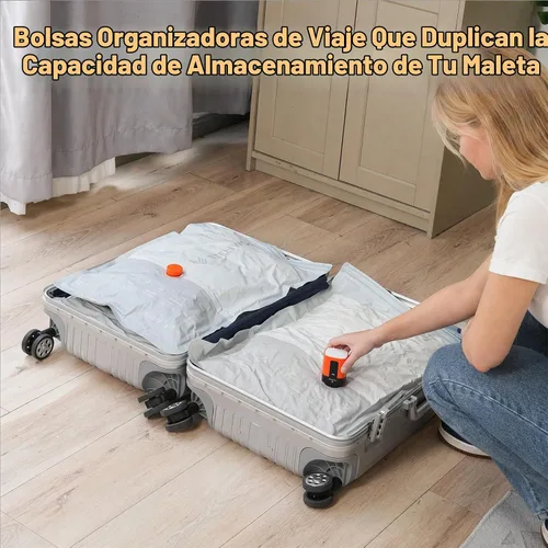 Vista 9 de ETENWOLF Paquete de 10 bolsas de almacenamiento al vacío reutilizables para viajes con bomba de aire recargable, sello de embalaje de compresión al