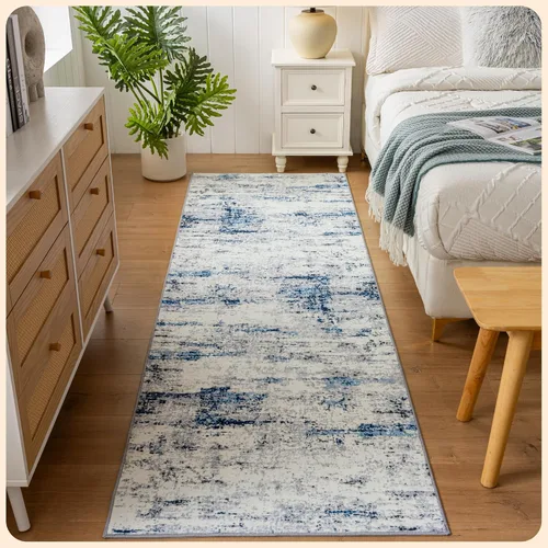 Vista 70 de Istana Alfombra larga antideslizante de 2.5 x 8 para el hogar, para pasillo y cocina, lavable, sedosa y suave al tacto, elegante, color azul y marfil