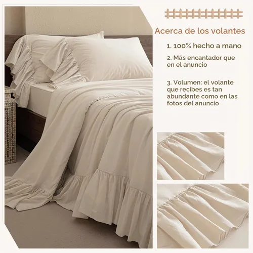 Vista 3 de QSH Juego de sábanas de algodón 100% Queen, sábanas con volantes de trigo para granja, ropa de cama vintage chic shabby 3 piezas, juego de cama