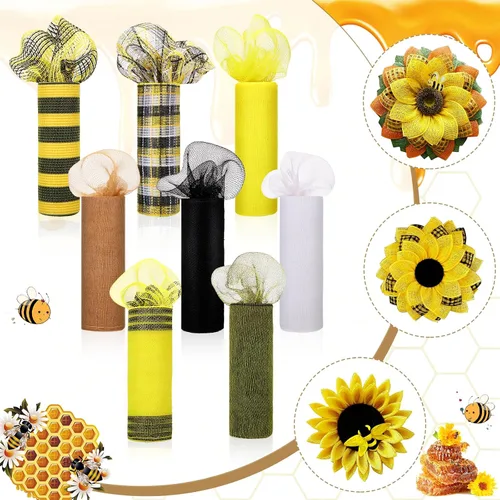 Vista 6 de Newwiee 8 rollos de cinta de malla para el Día de las Abejas de 10 pulgadas x 30 pies cada rollo, decoración para coronas y girasoles, cinta