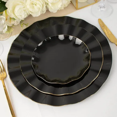 Vista 6 de Efavormart 10 Pack Platos redondos de plástico negro de 6" para postre y ensalada, platos desechables para aperitivos con borde ondulado dorado