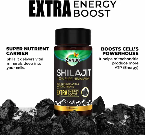 Vista 3 de Zandu Cápsulas Shilajit (60 cápsulas) infundidas con bondad de extractos naturales de Shilajit para mejorar la energía y la fuerza en los hombres