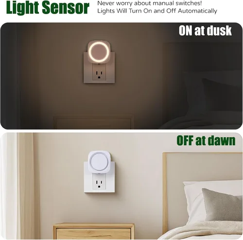 Vista 4 de Luces nocturnas de color blanco cálido enchufables en la pared, paquete de 4 luces nocturnas regulables con sensor automático de atardecer a