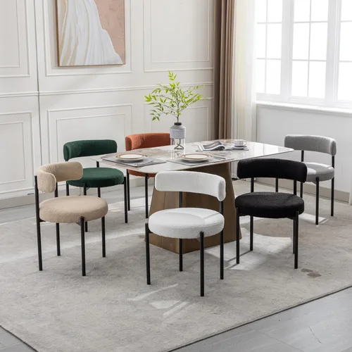Vista 9 de Juego de 2 sillas de comedor Boucle, sillas de comedor beige con asiento tapizado y respaldo redondo, sillas de cocina modernas de mediados de siglo