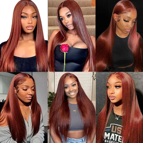 Vista 6 de Pelucas de cabello humano de 28 pulgadas con encaje frontal de color marrón rojizo de 5 x 5, pelucas de cierre de encaje HD para mujeres negras