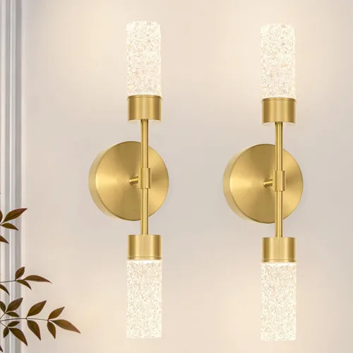 Vista 12 de Juego de 2 apliques de pared LED de cristal, lámparas de baño de oro cepillado, modernas luces de baño con LED con cable para dormitorio, sala