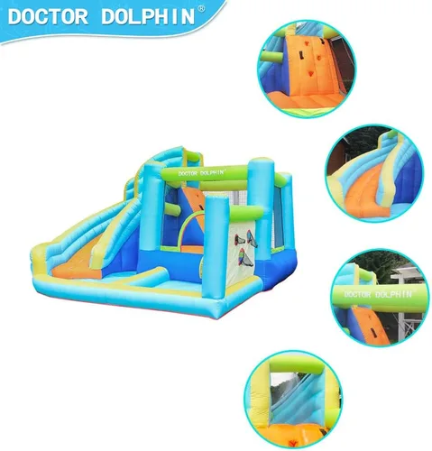 Vista 7 de Doctor Dolphin Casa de rebote de agua, parque inflable de tobogán acuático para niños, patio trasero, diversión al aire libre de verano con pistola