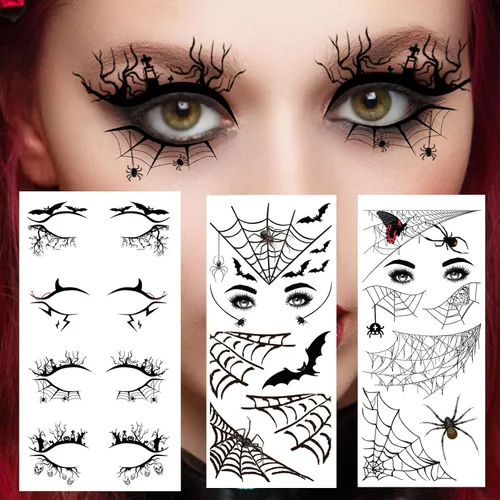 Vista 4 de 4 pares de calcomanías de sombra de ojos de Halloween, calcomanías delineadoras de ojos, telaraña, calavera, murciélago, calcomanías de tatuaje