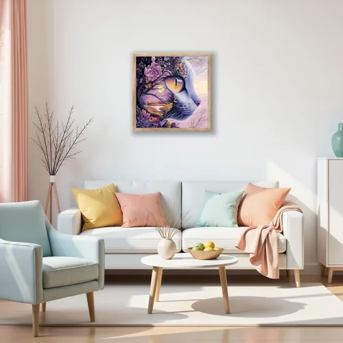 Vista 2 de Mosaflare Kits de pintura de diamantes 5D para adultos, arte de diamantes de gato en flor de cerezo para principiantes, pintura de taladro redondo