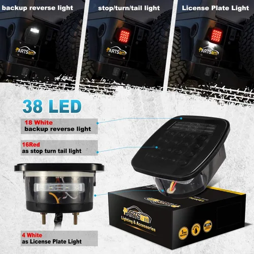 Vista 4 de Partsam 2 unids universal ahumado cuadrado combinación 38 luces LED traseras de señal con luces de placa de licencia, camiones de cama plana, freno