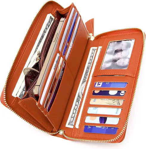 Vista 3 de VOCUS Cartera de mujer con bloqueo RFID de cuero PU con cremallera alrededor, gran cartera de viaje larga, con tarjetero y tira para la muñeca Marrón