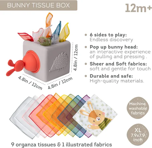 Vista 6 de Taf Toys Caja de pañuelos para bebé con conejito emergente - Actividad sensorial Montessori con 10 pañuelos de tela para el desarrollo motor fino