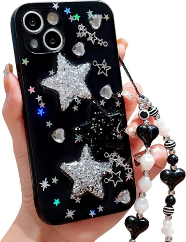 Vista 23 de Compatible con iPhone 11 Pro Funda Transparente Bonita con Diseño de Estrella con Purpurina en 3D con Perlas y Pulsera de Perlas, Diseño de Cadena