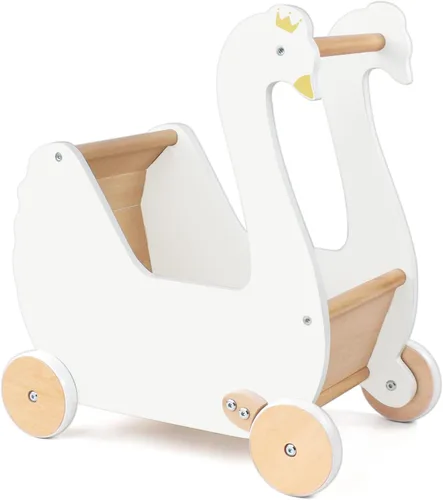 Vista 8 de Pillowhale Andador de madera y cochecito de muñeca – Carro de empuje con mango ajustable, antipunta, ruedas silenciosas, carrito de compras
