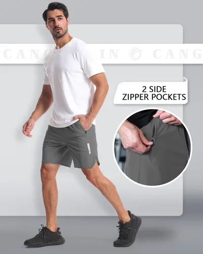 Vista 4 de CANGHPGIN Paquete de 2 pantalones cortos deportivos de entrenamiento para hombre, entrepierna de 7 pulgadas, pantalones cortos de senderismo