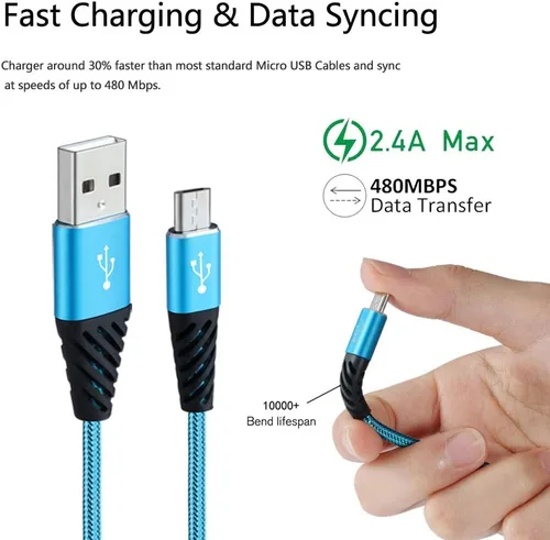 Vista 2 de Boenoea Fast Phone Charger Android 10ft 5-Pack Long Micro USB Cable Braided Compatible with Samsung Galaxy J3 J7 S6 S7 Edge Note 4 5 LG BlackBerry