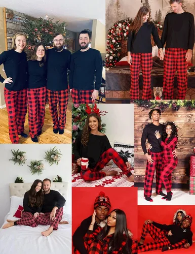 Vista 2 de Sexqero Conjunto de pijama familiar de Navidad a juego para parejas, ropa de dormir con botones y manga larga, a cuadros, conjunto de descanso S-XXL