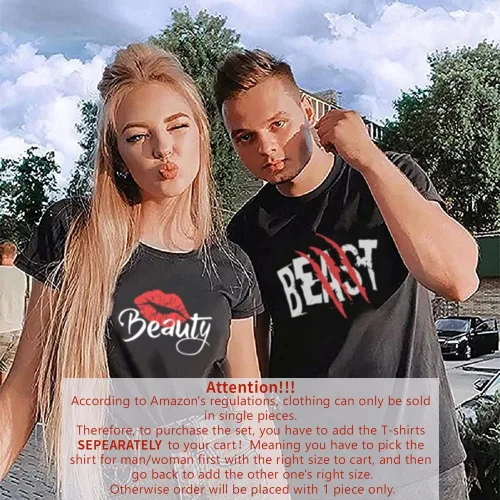 Vista 3 de Beast Beauty - Camiseta a juego para pareja para marido y esposa, camiseta de algodón puro a juego para pareja (paquete de 1 camiseta)