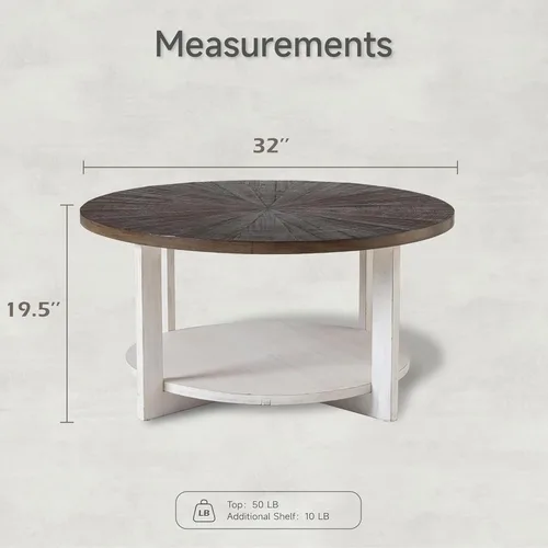 Vista 3 de Mesas de centro redondas de madera con almacenamiento, mesa de centro rústica con parte superior de madera envejecida, mesa circular grande