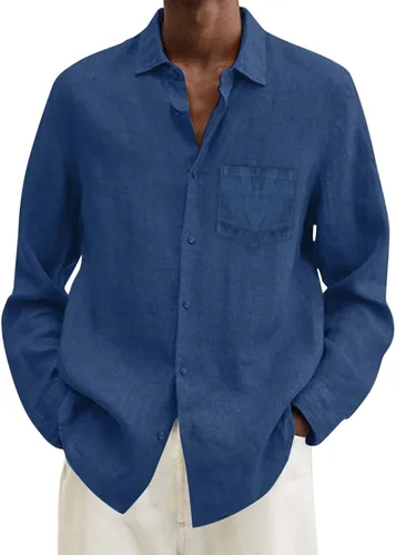 Vista 13 de Camisa de algodón y lino para hombre, talla grande, ajuste holgado, manga larga, cuello abatible, casual, tops de verano