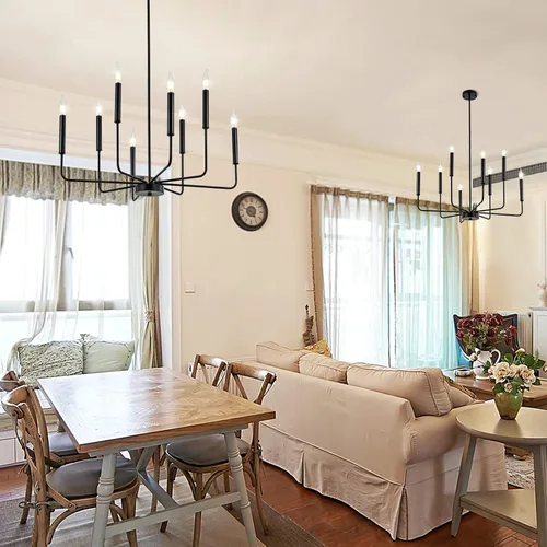 Vista 4 de WOKNOS Candelabros modernos negros de granja, 8 luces industriales de metal, lámparas colgantes clásicas para cocina, dormitorio, comedor, sala