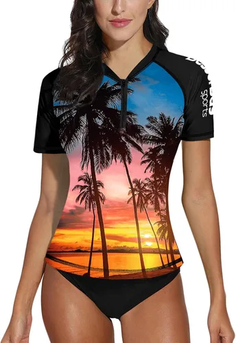 Vista 37 de BesserBay Camiseta de natación de manga corta con cremallera UPF 50+ para mujer, de secado rápido